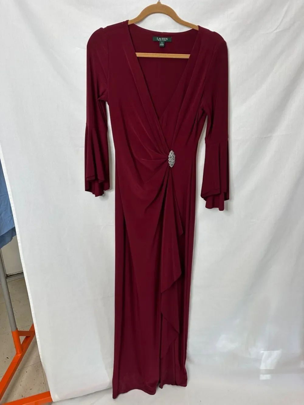 Lauren Ralph Lauren Burgundy V-Neck Draped Maxi with Brooch Detail